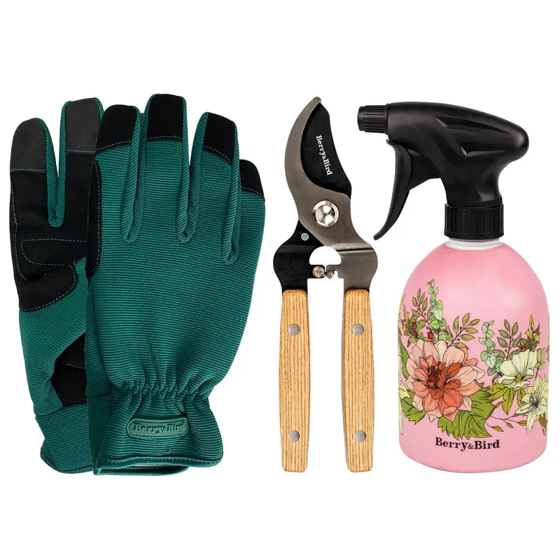 3-Piece Gardener’S Starter Set: Thorn-Resistant Gloves, Pruning Shears & Pink Spray Bottle 1