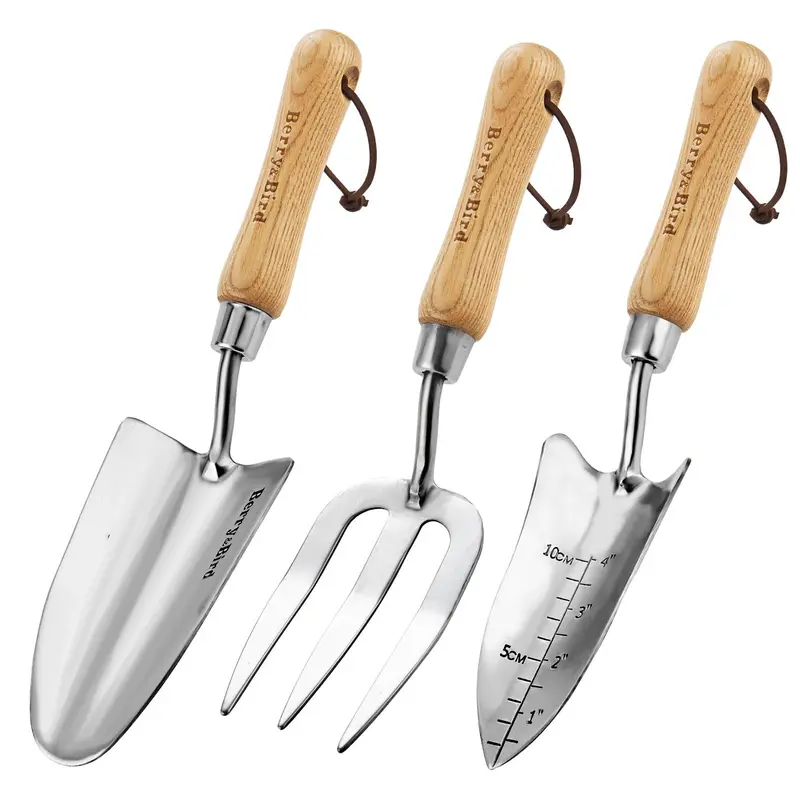 3-Piece Heavy-Duty Garden Tools: Wooden Trowel, Weeding Fork & Digging Shovel 1