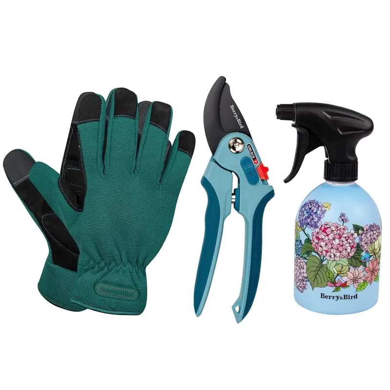 3-Piece Pruning Essentials Kit: Bypass Shears, Gloves & Adjustable Water Sprayer 1