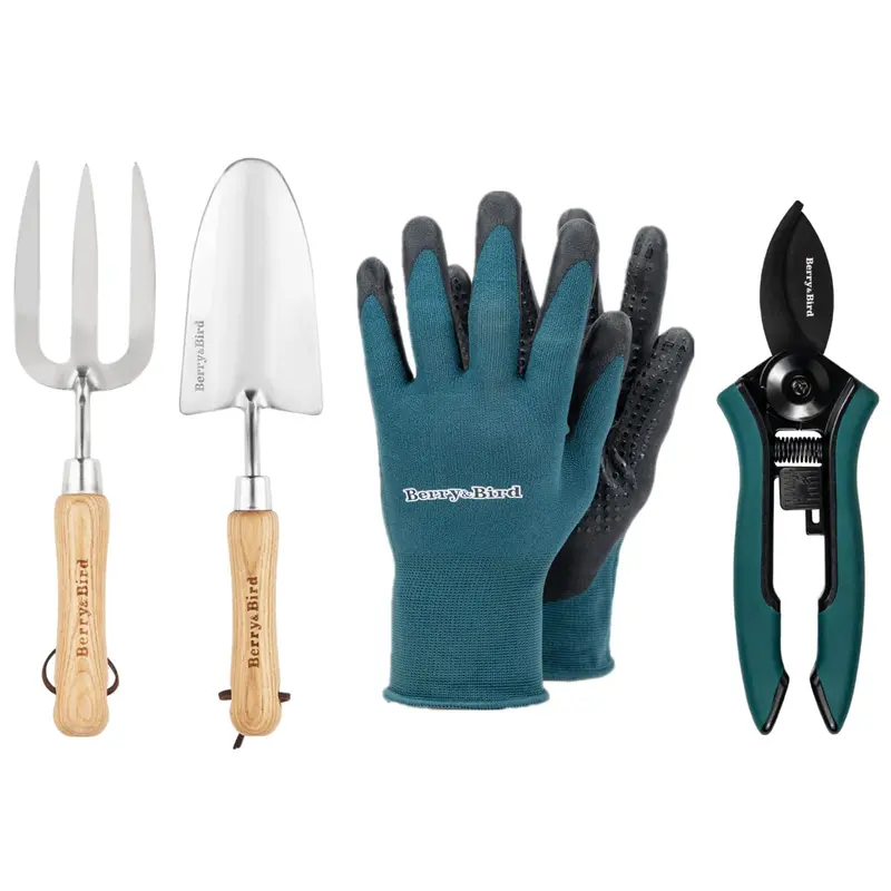 4-Piece Stainless Steel Gardening Kit: Trowel, Fork, Pruners & Protective Gloves 1