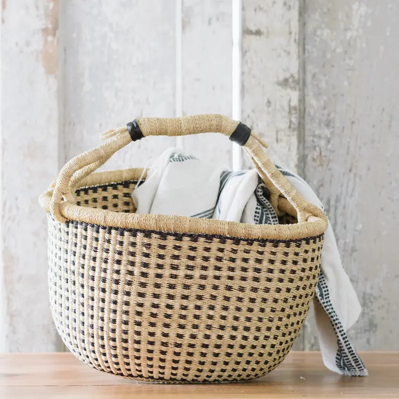Handwoven Bolga Decorative Basket – Black Polka Dot Finish 1