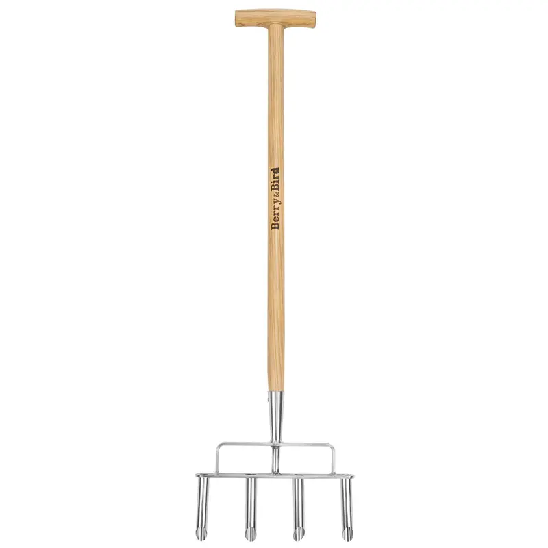 Lawn Core Aerator – 40-Inch Stainless Steel 4-Tine Plug Aerator With Wooden Handle 1