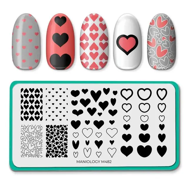 Maniology Happy Hearts Stamping Plate #M482 – Whimsical Heart-Shaped Nail Art Pattern 1