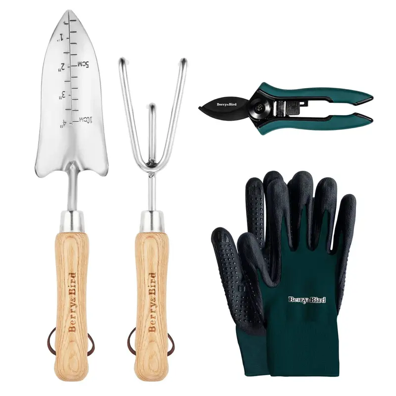 Premium 4-Piece Garden Tool Collection: Trowel, Rake, Shears & Gloves 1