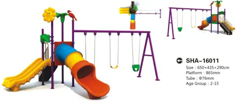 Yellow-Red-Gold Playground Featuring 3 Slides, 3 Swings & Floral Roof Detailing 1
